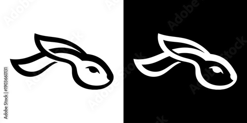 Stylized rabbit head illustration on contrasting white and black backgrounds viewed from the side