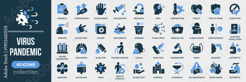 Virus pandemic fill icon collection. Includes healthcare, vaccination, infection control, quarantine, testing, and medical prevention symbols. Created in colored style
