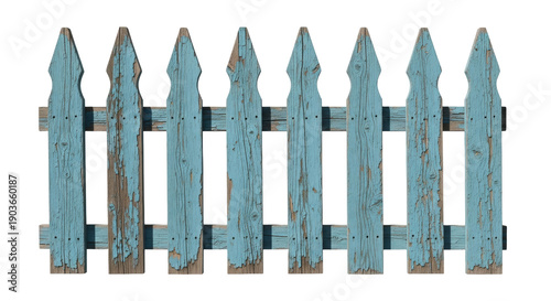Photos Weathered blue picket fence PNG isolated on transparent background, rustic woode