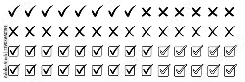 Hand Drawn Check and Cross Icons Set: Sketchy Tick and X Marks in Circle and Square Outlines for Checklist Design and Creative Projects