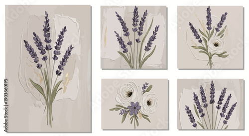 Elegant botanical art with lavender and anemone on textured background