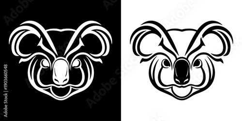 Stylized koala face illustrations against contrasting black and white backgrounds from a direct frontal viewpoint.