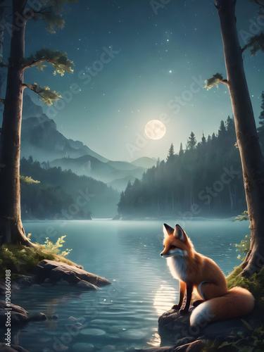 Moonlit forest lake with fox on rock, vertical composition and misty depth