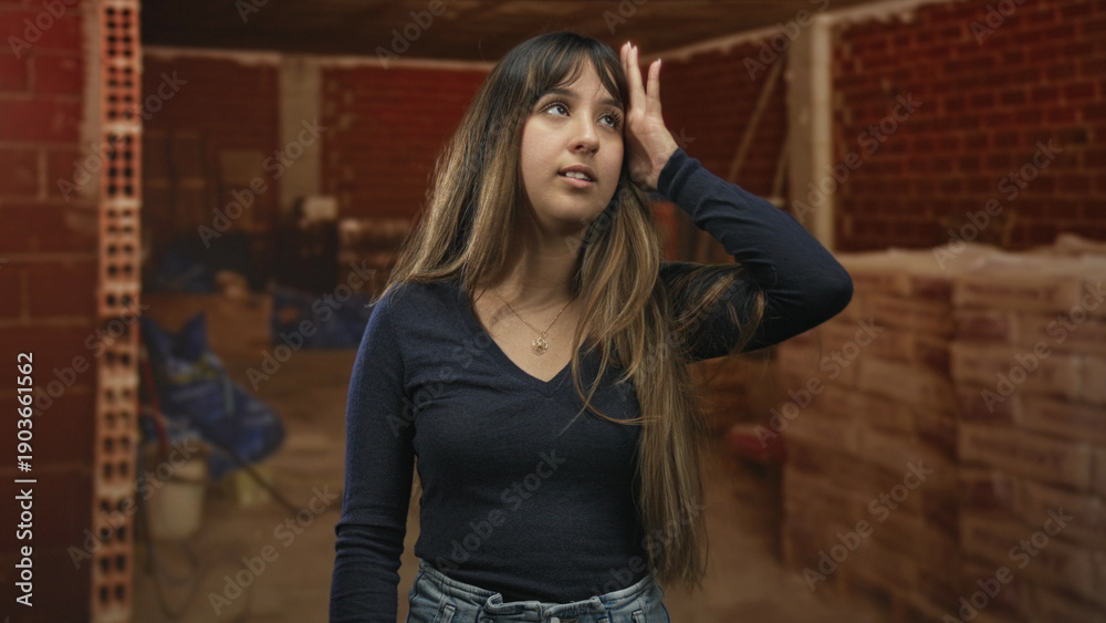 Fototapeta premium Woman with hand on forehead and eyes closed, long hair and necklace visible, standing amid stacked bricks in unfinished building; quiet fatigue.