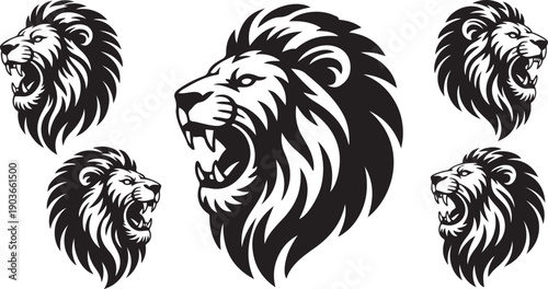 Wild roaring lion king head tattoo set. silhouette vector icon illustration with white background