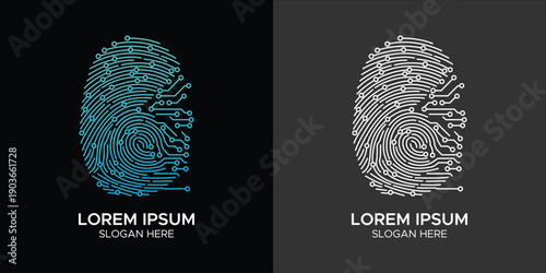Digital Fingerprint Technology Logo with Cyber Circuit Nodes for Biometric Security, Data Protection, and High-Tech Identity
