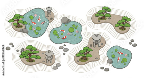 Hand Drawn Japanese Garden Elements Collection with Koi Ponds, Bonsai Trees, and Stone Lanterns isolated PNG with Transparent Background