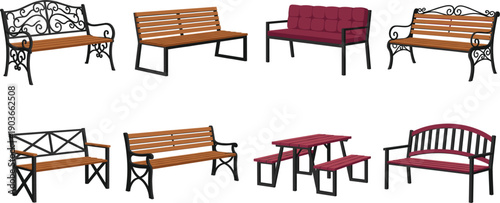 Garden and Park Bench Vector Set Featuring Ornate Wrought Iron Benches, Modern Slotted Wood Seating, and Outdoor Picnic Table Arrangements for Landscape Design