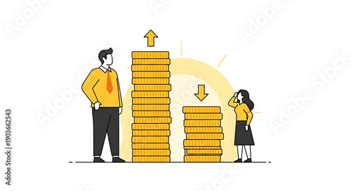 Businessman and woman comparing growing and decreasing stacks of coins gender equality