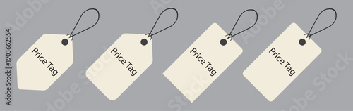 Tag Horizontal Angled Hangtag Seam Beige With String And Shadow price tag Paper. White grey tag on white background. Vector isolated set.