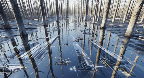 Reflective forest trees over flooded water surreal landscape