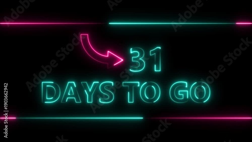 Neon bright text 31 day inside a horizontal banner colorful animation. Display day 31 text animation, calendar counter concept.