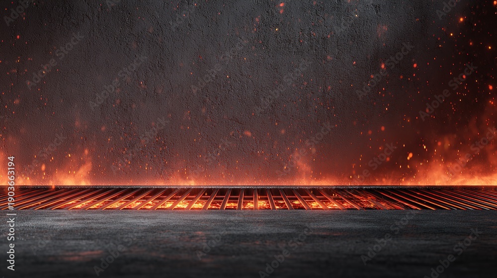 Fototapeta premium Empty cast iron grill grate with burning fire and smoke, barbecue background