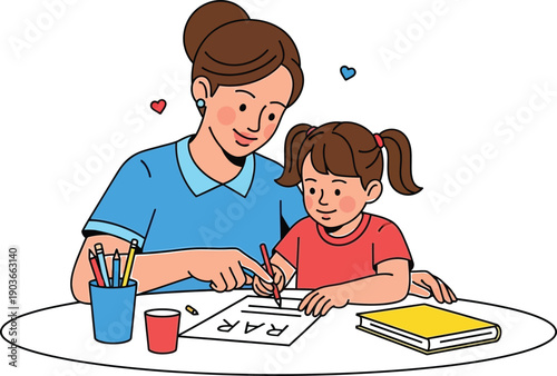 Mother Helping Child with Homework – Mother’s Day Education Vector