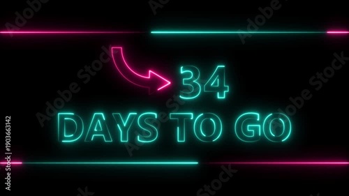 Neon bright text 34 day inside a horizontal banner colorful animation. Display day 34 text animation, calendar counter concept.