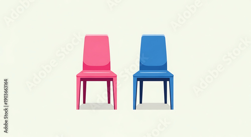 Two colorful plastic chairs, one pink and one blue, on a light green background gender equality