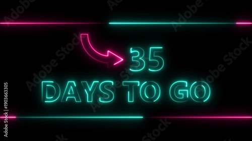 Neon bright text 35 day inside a horizontal banner colorful animation. Display day 35 text animation, calendar counter concept.