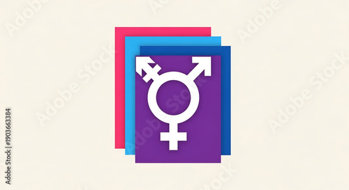A symbolic representation of gender equality and diversity with overlapping colorful squares and white gender symbols on a light beige background gender equality