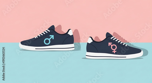 A pair of navy blue sneakers with male and female symbols on them standing on a blue and pink background gender equality