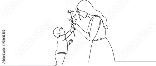 Child gives mother a rose, tender one line drawing illustration