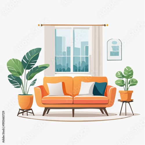 Modern Living Room Interior with Cozy Orange Sofa and Abundant Houseplants by a Window Overlooking a Cityscape