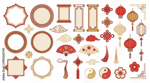 Chinese Decorative Elements Vector Set – Red Gold Ornate Frames, Lanterns, Fans, Cloud Motifs, Yin Yang, Cultural Symbols for Festival, Heritage, Art, Design, Branding