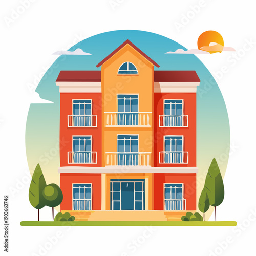 Vibrant modern apartment building illustration with multiple balconies and sunny sky, showcasing urban living
