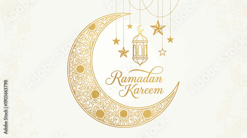 Ramadan Kareem Vector Design – Golden Crescent Moon with Ornate Patterns, Hanging Lanterns, Stars, Islamic Calligraphy, Spiritual Celebration, Festive Art, Cultural Branding, Heritage Graphics