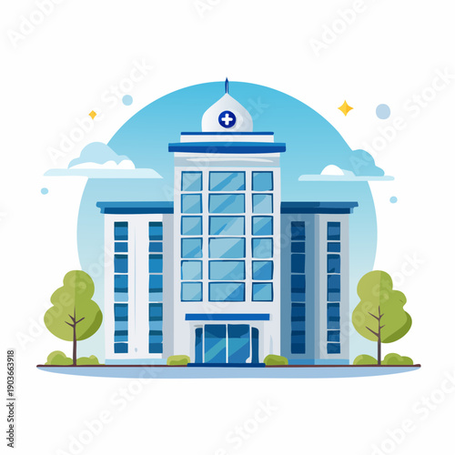 Modern flat design illustration of a hospital building, symbolizing healthcare, medical care, and community wellness services