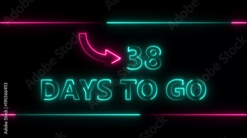 Neon bright text 38 day inside a horizontal banner colorful animation. Display day 38 text animation, calendar counter concept.