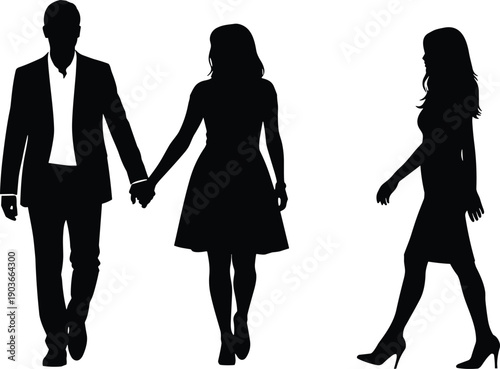 Vector, black, silhouette, illustration, of, a, couple, holding, hands, walking, past, another, woman, for, relationship, jealousy, dating, social, interaction, lifestyle, and, urban, design