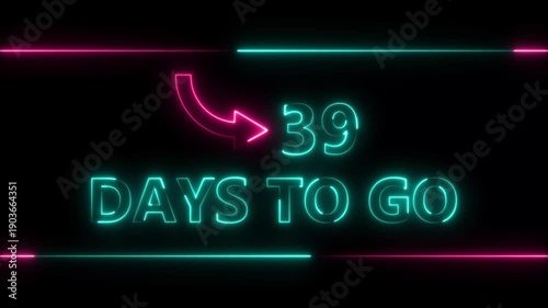 Neon bright text 39 day inside a horizontal banner colorful animation. Display day 39 text animation, calendar counter concept.