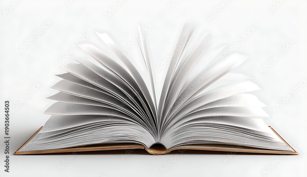 Fototapeta premium Open Book with Swirling Blank Pages White Background