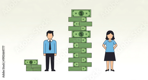 Businessman and woman standing next to stacks of money illustrating income disparity or wealth gap gender equality
