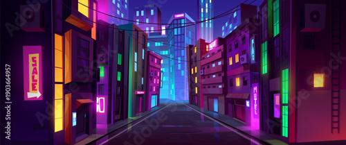 City street with road and houses at night