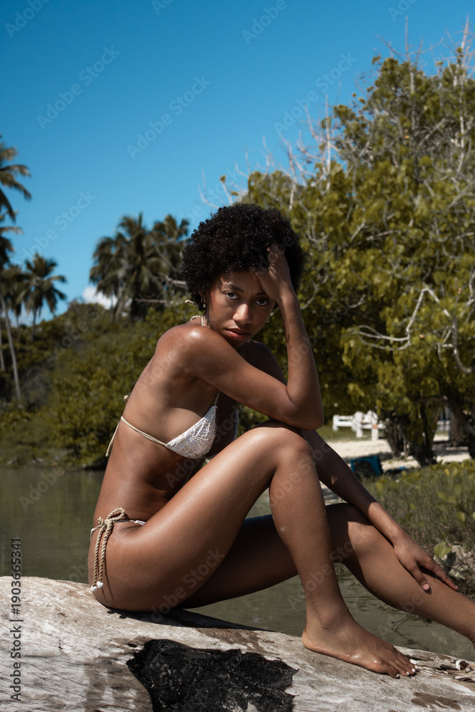 Fototapeta premium Young Afro Caribbean woman in bikini enjoying tropical beach lifestyle