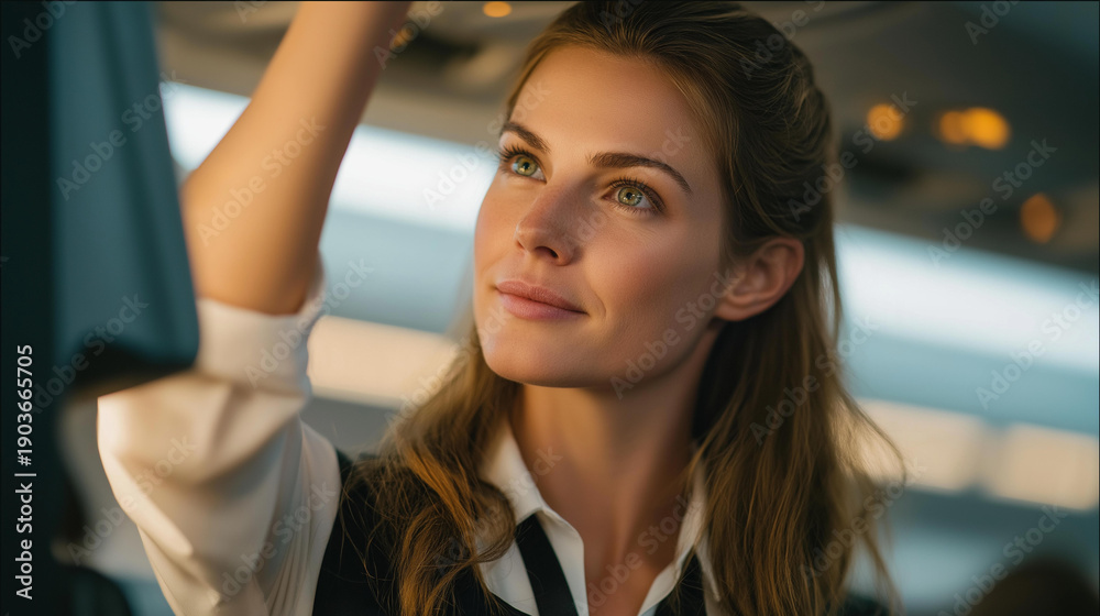 Fototapeta premium A flight attendant adjusts the overhead panel to ensure passengers have access to essential information during the flight, showcasing professionalism and attention to detail in the cabin. cinematic