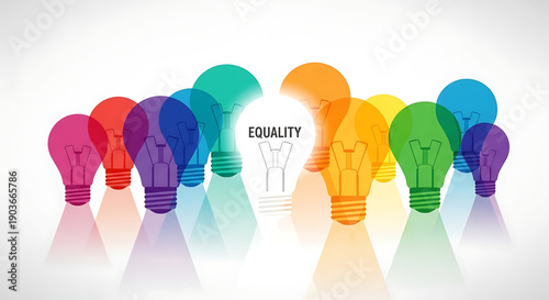 Colorful light bulbs with equality concept on symbolizing diversity and inclusivity with one glowing bulb gender equality