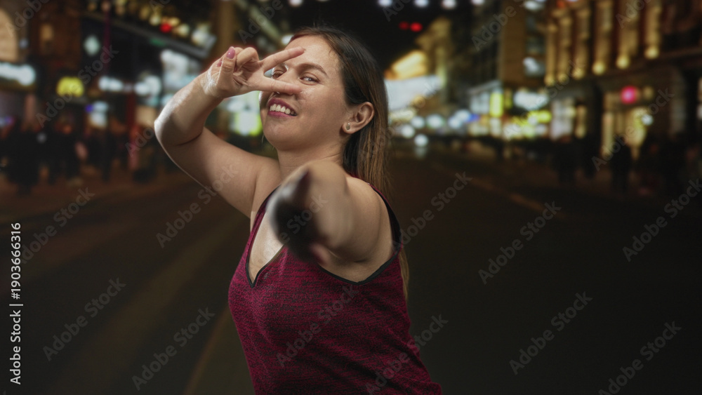 Fototapeta premium Young caucasian woman pointing finger with bare hand toward camera on a busy city street at night; confident playfulness.