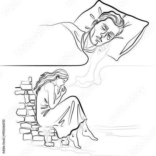 Abstract Line Art of Dreaming Man and Solitary Woman. Connected Dreams, Separate Realities Minimalist Line Illustration