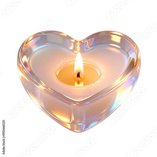 Romantic 3D heart shaped glass candle holder with glowing flame, iridescent crystal texture for Valentine's Day and intimate atmosphere design