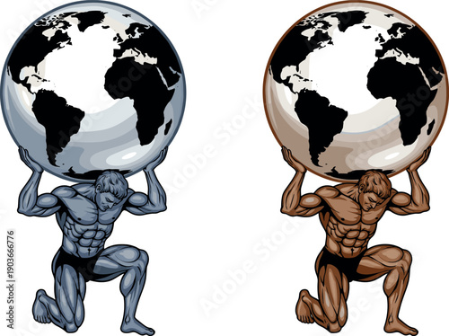 Powerful Vector Illustration of Atlas Carrying the Earth Globe on His Shoulders in Both Blue Toned and Bronze Statue Styles for Global Strength and Responsibility