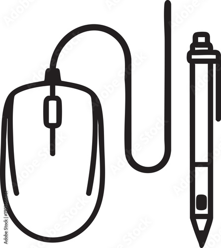 A detailed line drawing of a computer mouse connected to a cord next to a pen, both in black lines on a pure white background