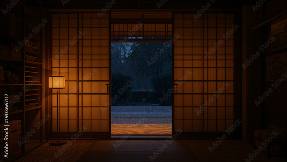 Fototapeta premium 和室の押入れを夕方の電球色が照らす落ち着いた室内