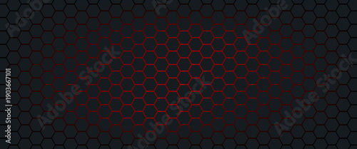 Abstract dark hexagon pattern on red neon background technology style.