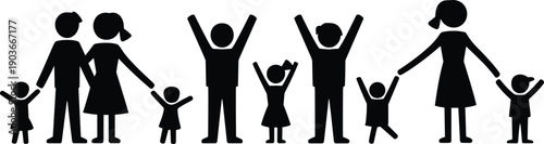 Happy family silhouette icon set illustration showing parents and children together, people pictogram, parenting, love, unity, diversity, concept, design, symbol