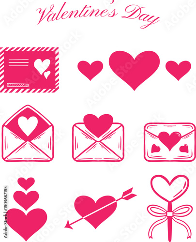 Valentine’s Day Love Icon Set with Hearts and Envelopes