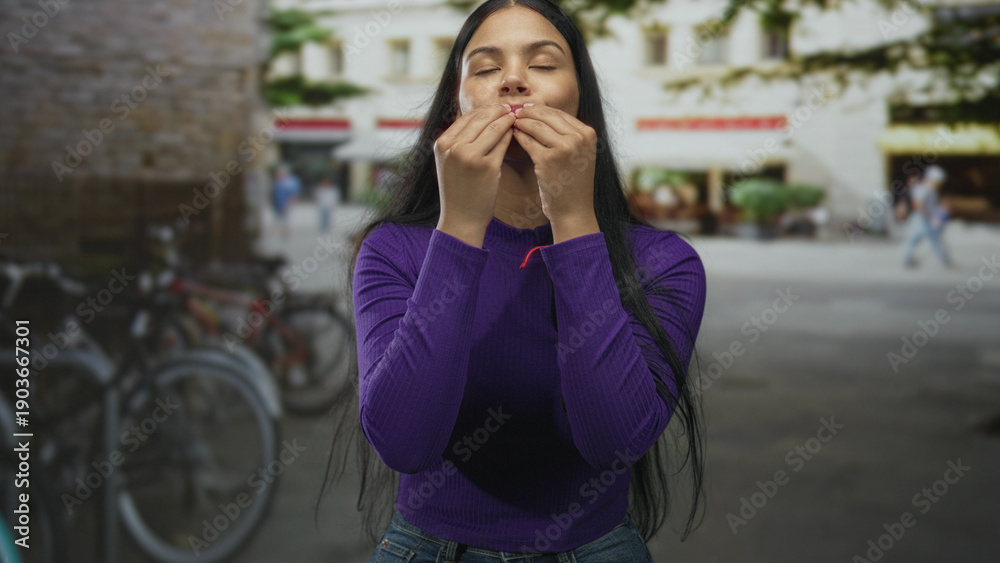 Fototapeta premium Woman in purple sweater pinches fingertips to lips in sunlit city street by parked bicycles; delight taste flavor satisfaction.