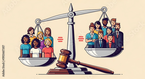 Diverse groups of people on a scale with a gavel symbolizing equality and justice in a courtroom setting with balance gender equality