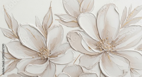 Elegant 3d floral design with detailed beige and white blossoms on textured background